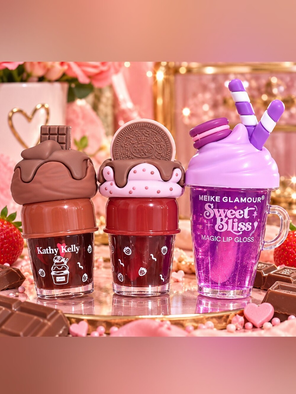 Glamour Sweet Bliss Trio: Berry Red and Violet Sparkle Lip Gloss Set